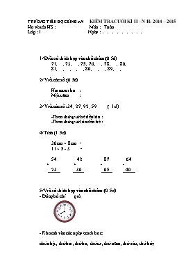Đề kiểm tra cuối học kì II môn Toán Lớp 1 - Năm học 2014-2015 - Trường Tiểu học Bình An